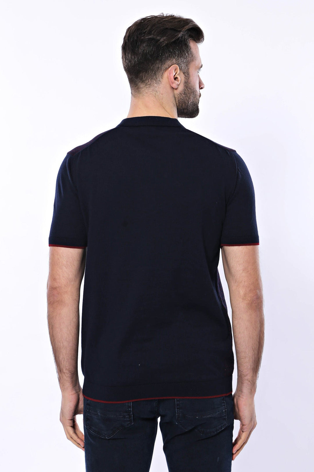 Polo Yaka Koyu Lacivert Desenli Fermuarlı Örme T-shirt - Wessi