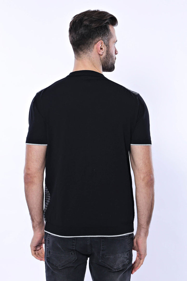 Polo Yaka Siyah Desenli Fermuarlı Örme T-shirt | Wessi