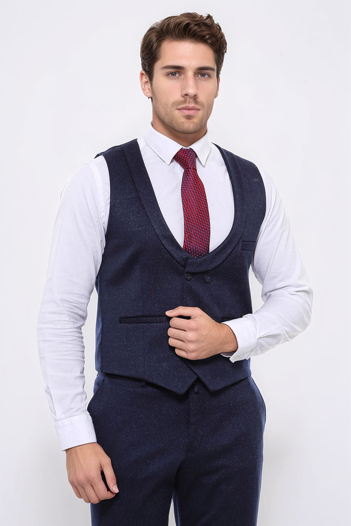 Desenli Kruvaze Koyu Lacivert Erkek Yelek Pantolon Set - Wessi