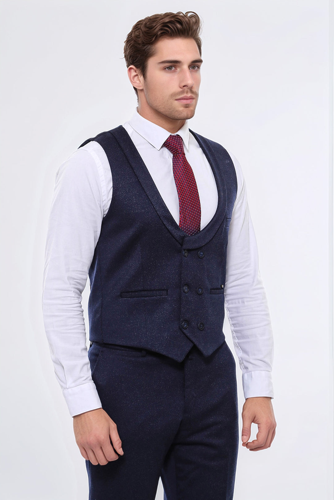 Desenli Kruvaze Koyu Lacivert Erkek Yelek Pantolon Set - Wessi