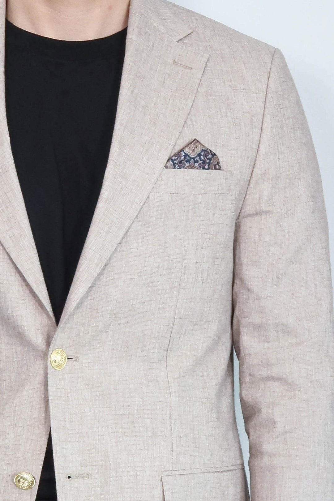 Bej Keten Dokulu Gold Metal Düğmeli Slim Fit Blazer Ceket