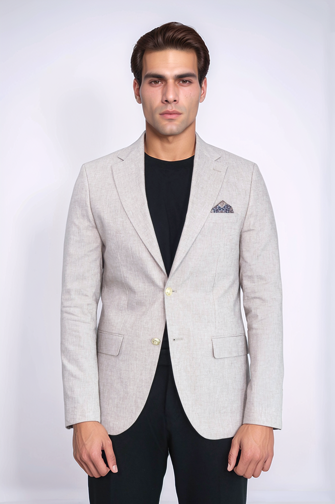 Bej Keten Dokulu Gold Metal Düğmeli Slim Fit Blazer Ceket