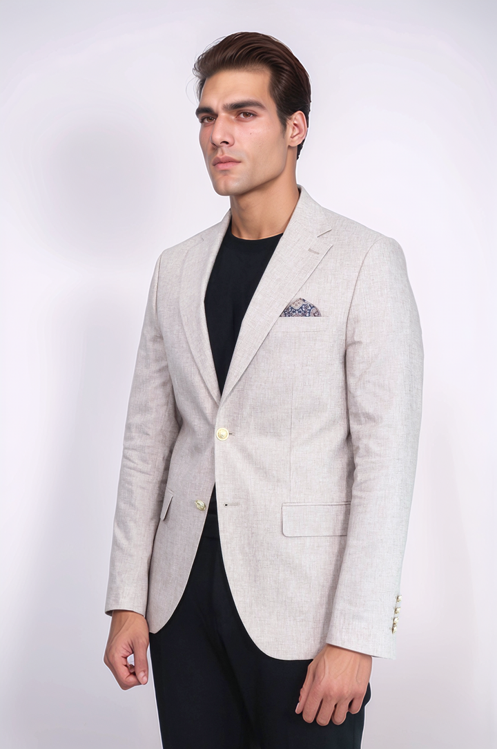 Bej Keten Dokulu Gold Metal Düğmeli Slim Fit Blazer Ceket