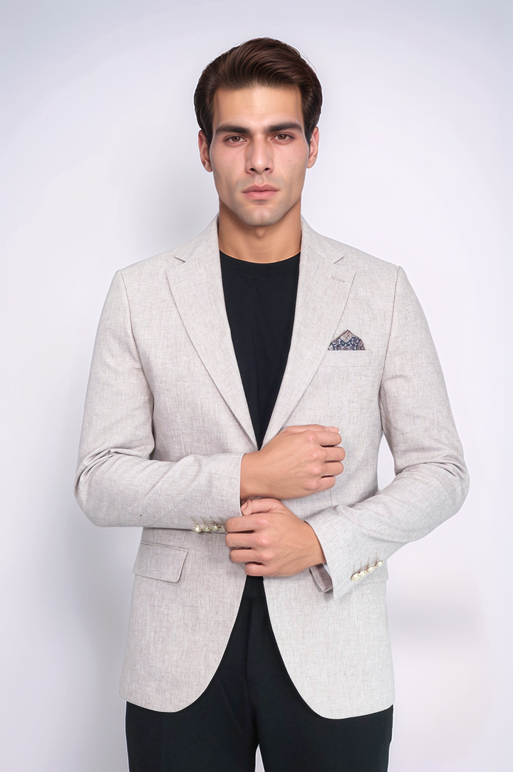 Bej Keten Dokulu Gold Metal Düğmeli Slim Fit Blazer Ceket