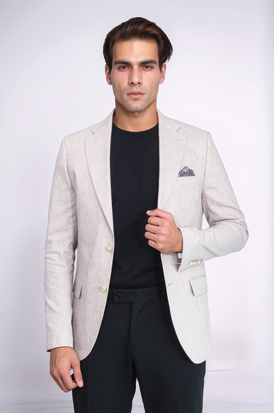 Bej Keten Dokulu Gold Metal Düğmeli Slim Fit Blazer Ceket