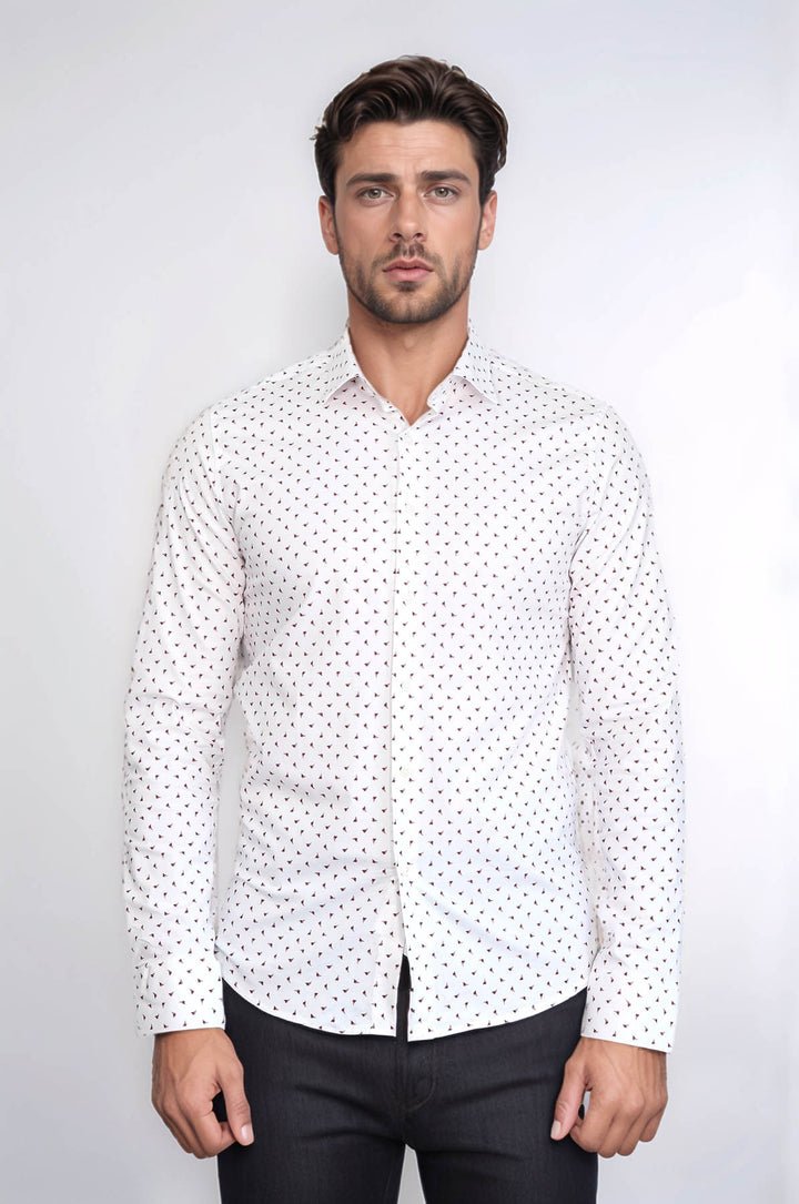 Minimal Bordo Motifli Beyaz Erkek Gömlek – Wessi