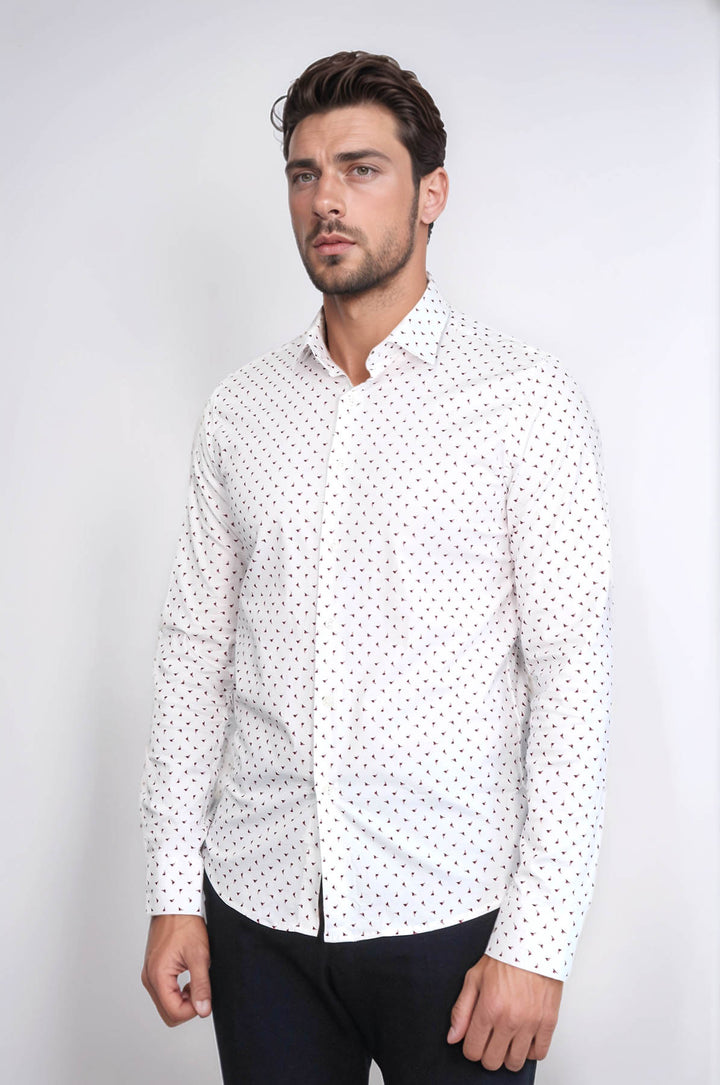 Minimal Bordo Motifli Beyaz Erkek Gömlek – Wessi