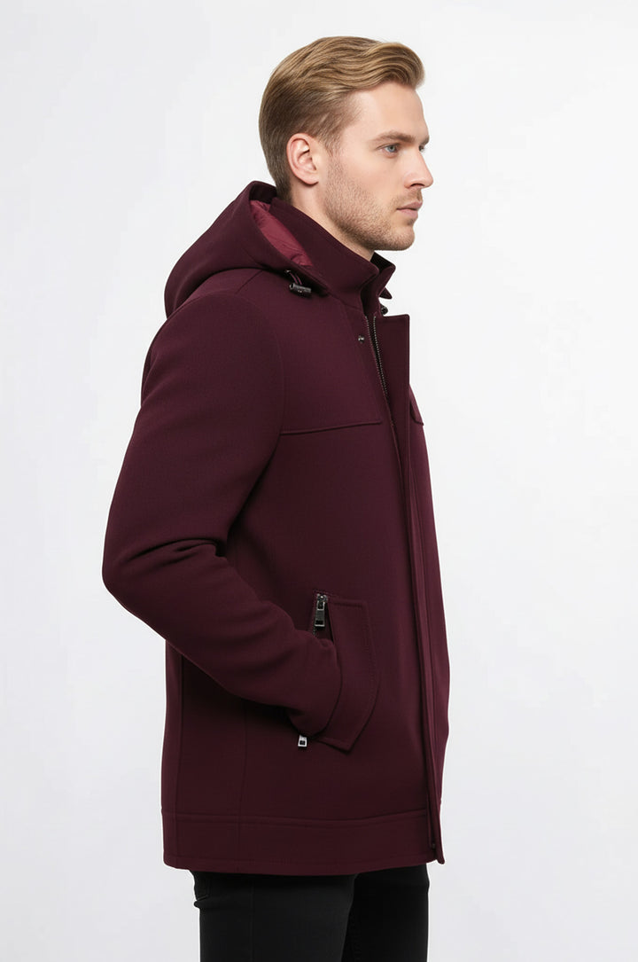 Kol Fermuarlı Kapşonlu Bordo Erkek Kaban - Wessi