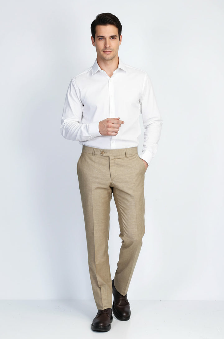 Bej Mikro Dokulu Slim Fit Kumaş Pantolon - Wessi