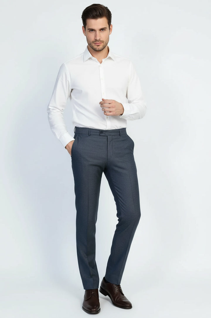 Lacivert Düz Dokulu Slim Kesim Kumaş Pantolon - Wessi