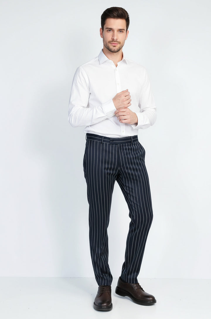 Siyah Beyaz Çizgili Slim Fit Kumaş Pantolon - Wessi