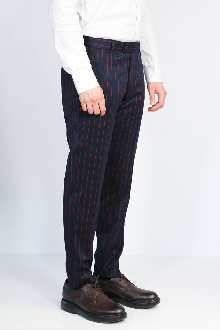 Lacivert Kırmızı Çizgili Slim Fit Kumaş Pantolon - Wessi
