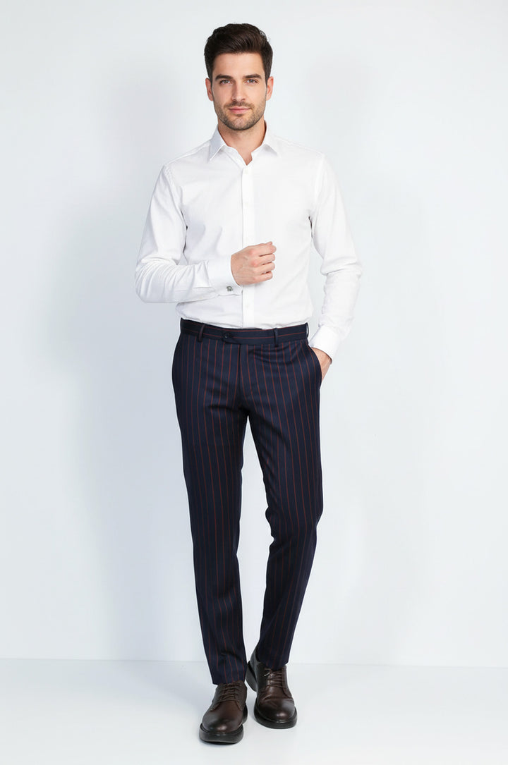 Lacivert Kırmızı Çizgili Slim Fit Kumaş Pantolon - Wessi