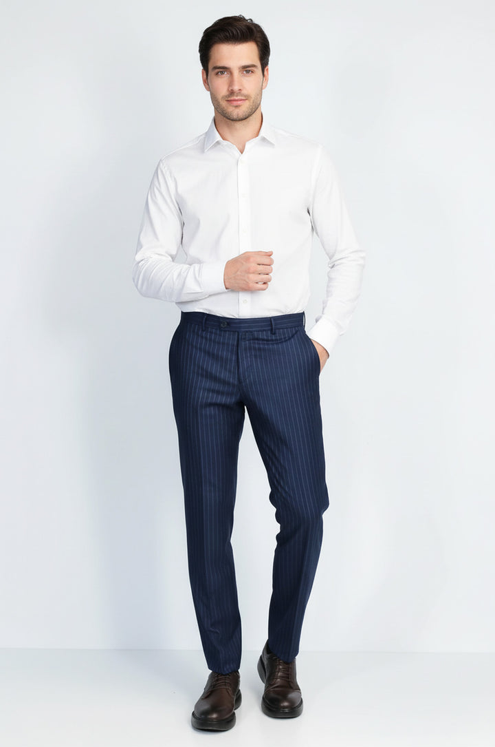 Lacivert İnce Çizgili Slim Fit Kumaş Pantolon - Wessi