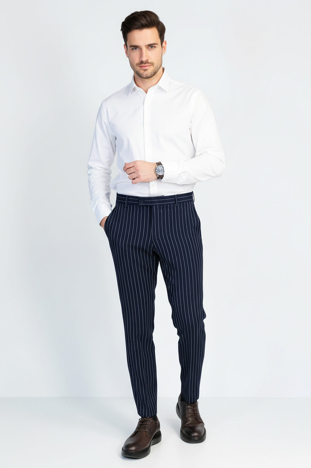 Lacivert Beyaz Çizgili Slim Fit Kumaş Pantolon - Wessi