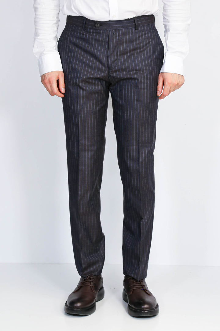 Kahverengi İnce Çizgili Slim Fit Kumaş Pantolon - Wessi