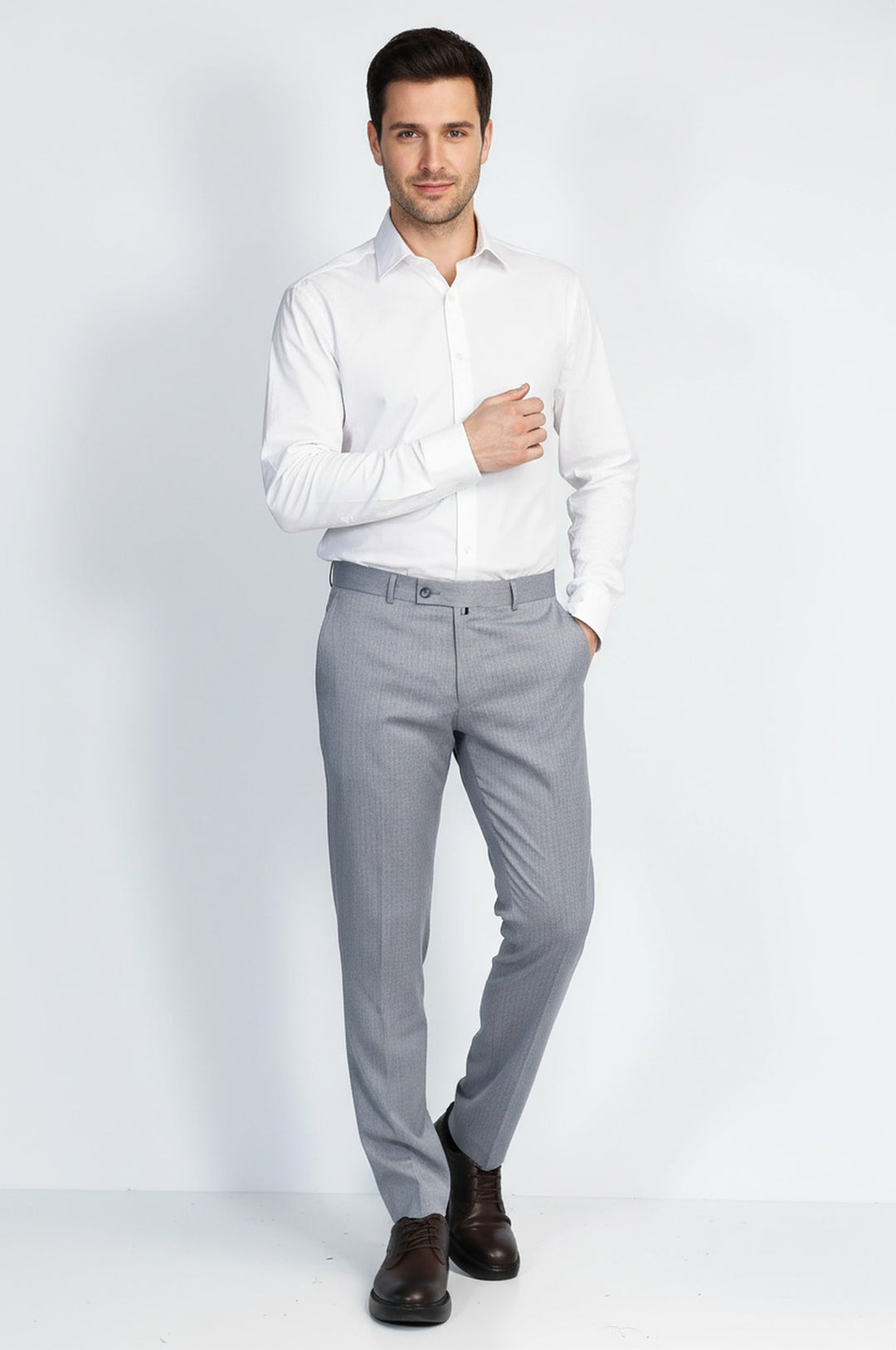 Açık Gri Mikro Desenli Slim Fit Kumaş Pantolon - Wessi