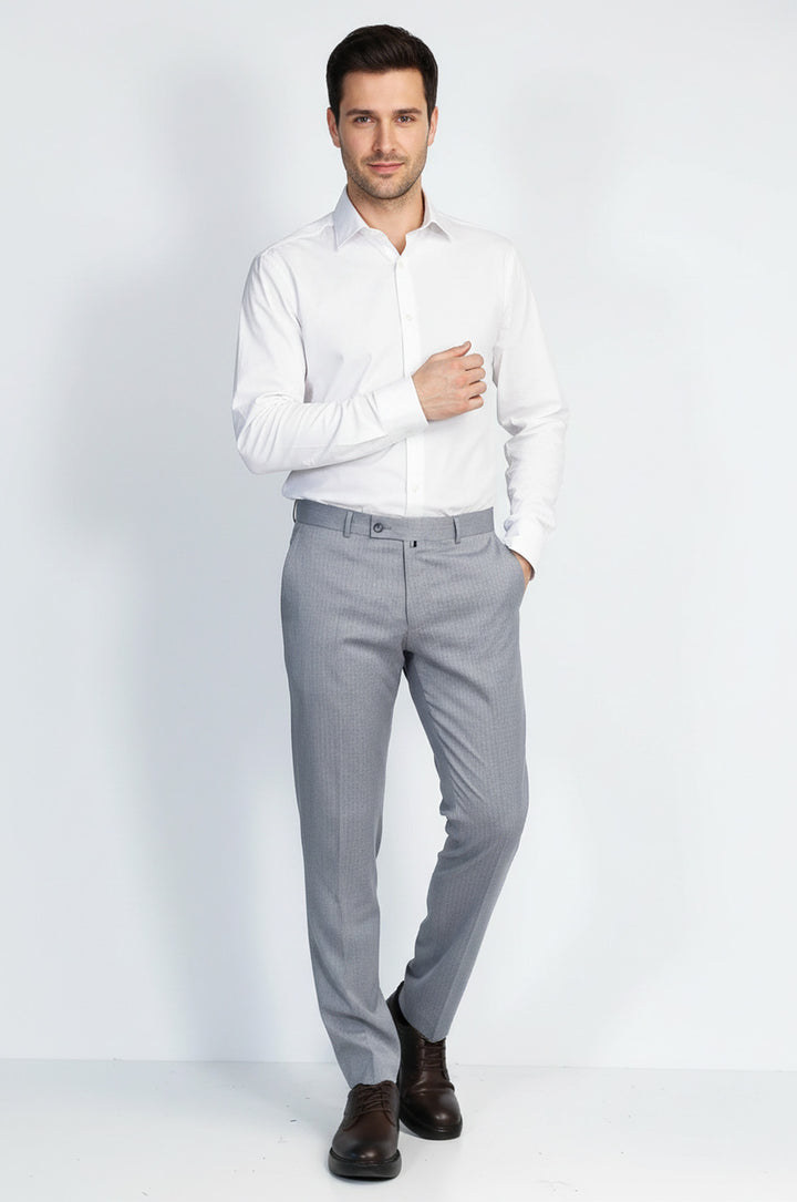 Açık Gri Mikro Desenli Slim Fit Kumaş Pantolon - Wessi