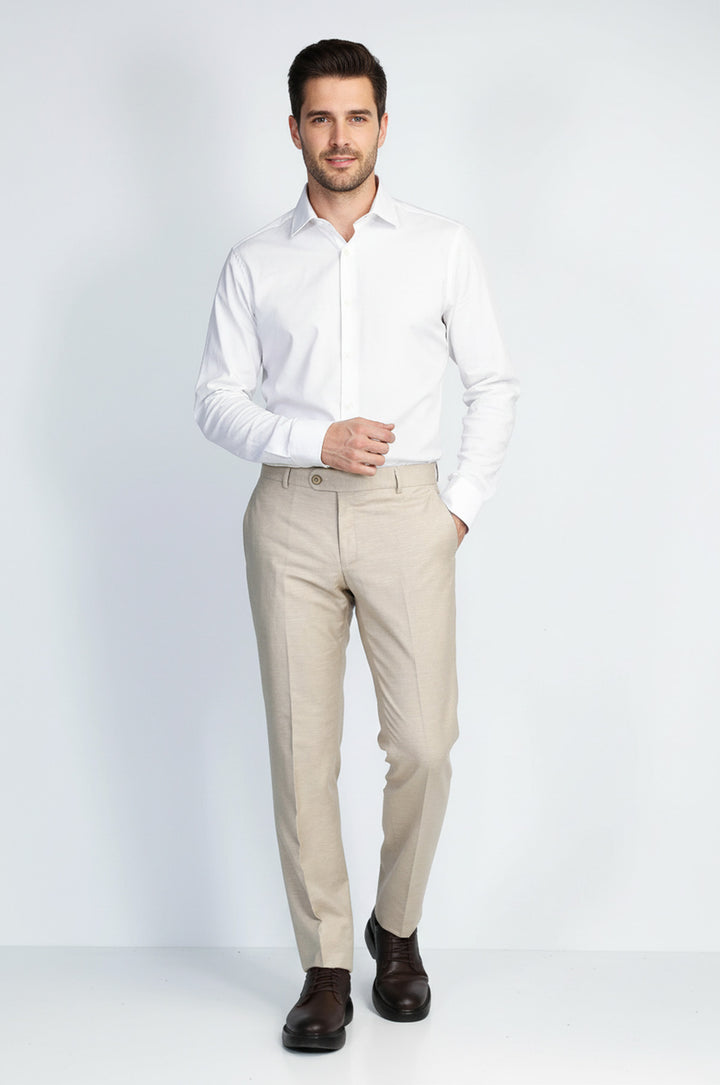 Bej Dokulu Slim Fit Kumaş Pantolon - Wessi