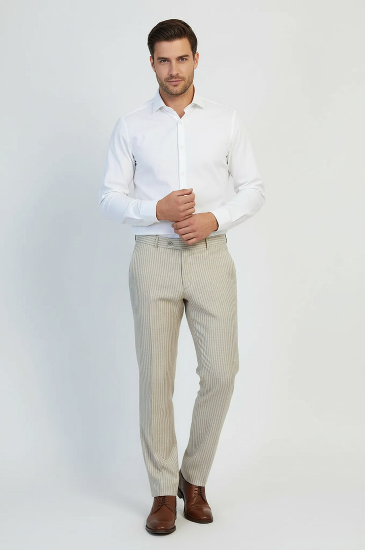 Bej İnce Çizgili Kumaş Pantolon - Wessi