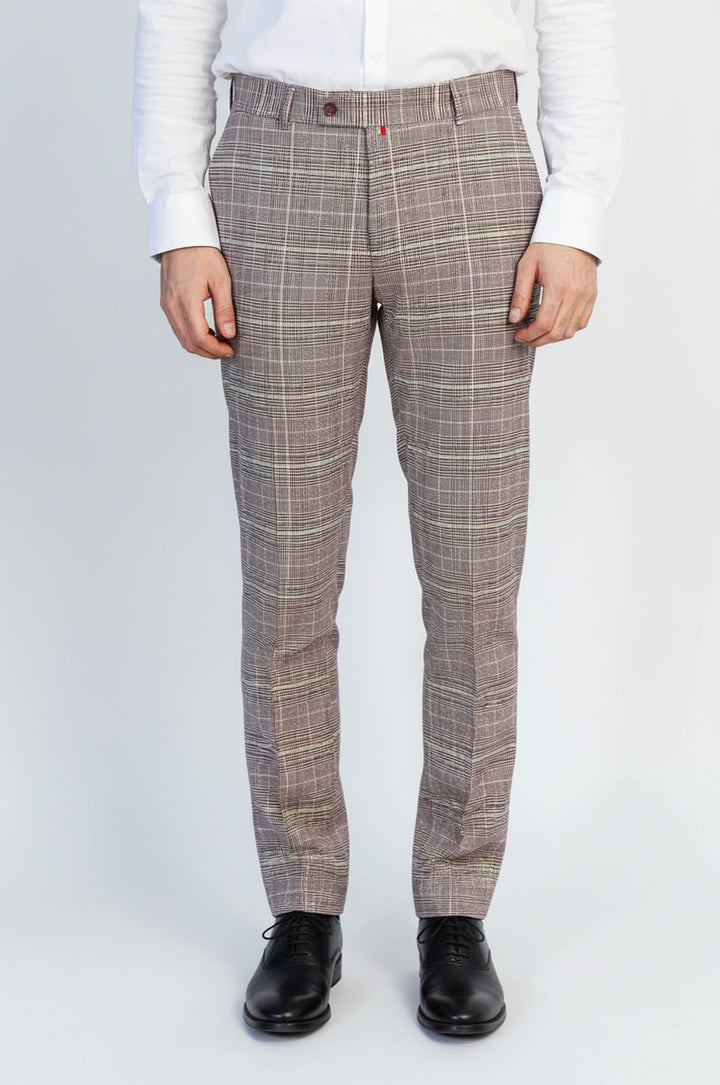 Bordo Detaylı Kahverengi Kareli Kumaş Pantolon - Wessi