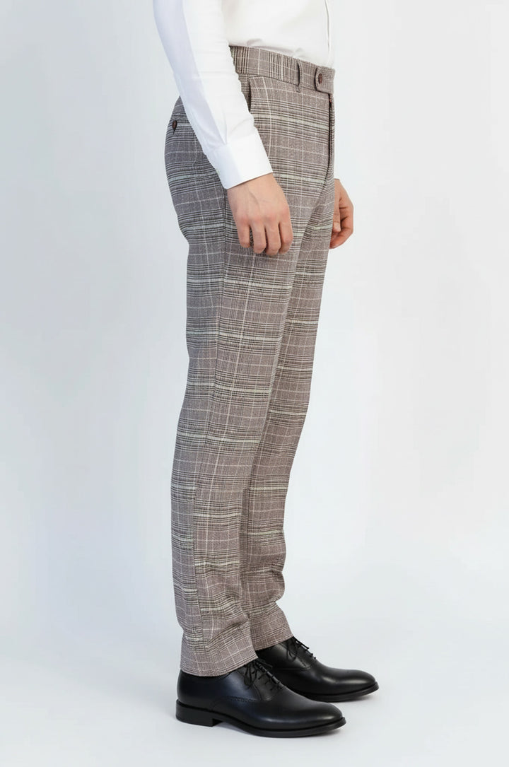 Bordo Detaylı Kahverengi Kareli Kumaş Pantolon - Wessi