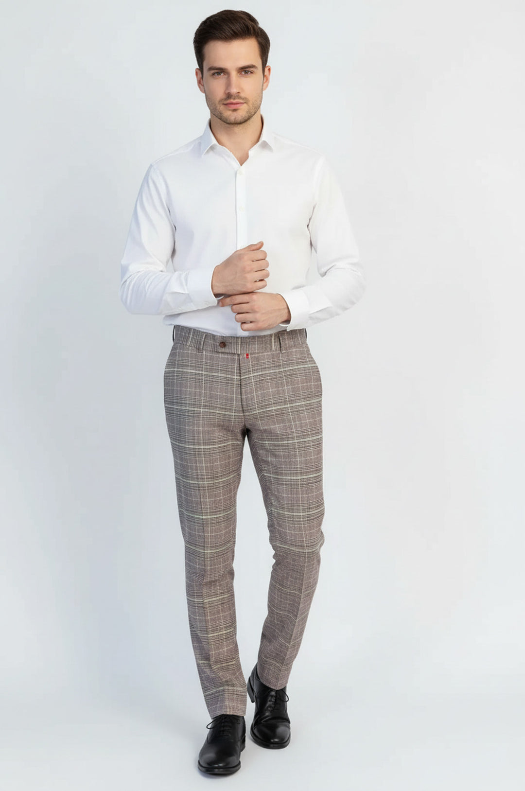 Bordo Detaylı Kahverengi Kareli Kumaş Pantolon - Wessi