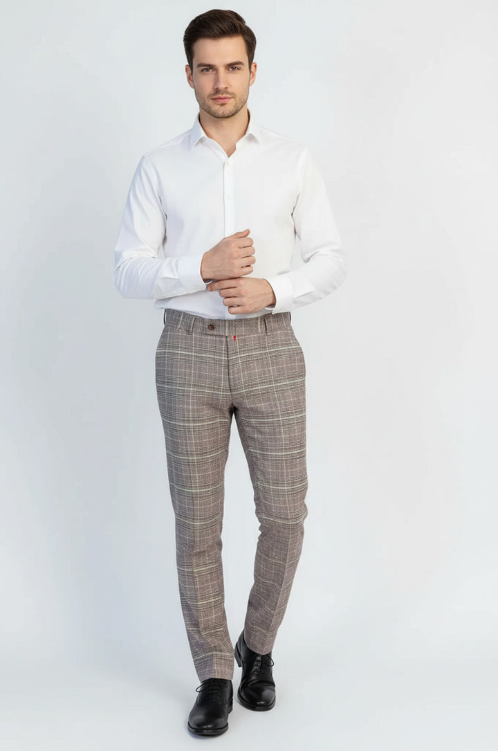 Bordo Detaylı Kahverengi Kareli Kumaş Pantolon - Wessi