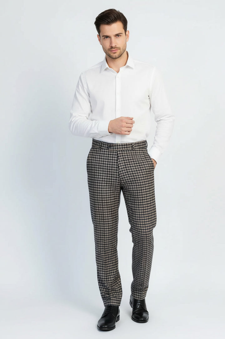 Lacivert Bej Kareli Kumaş Pantolon - Wessi