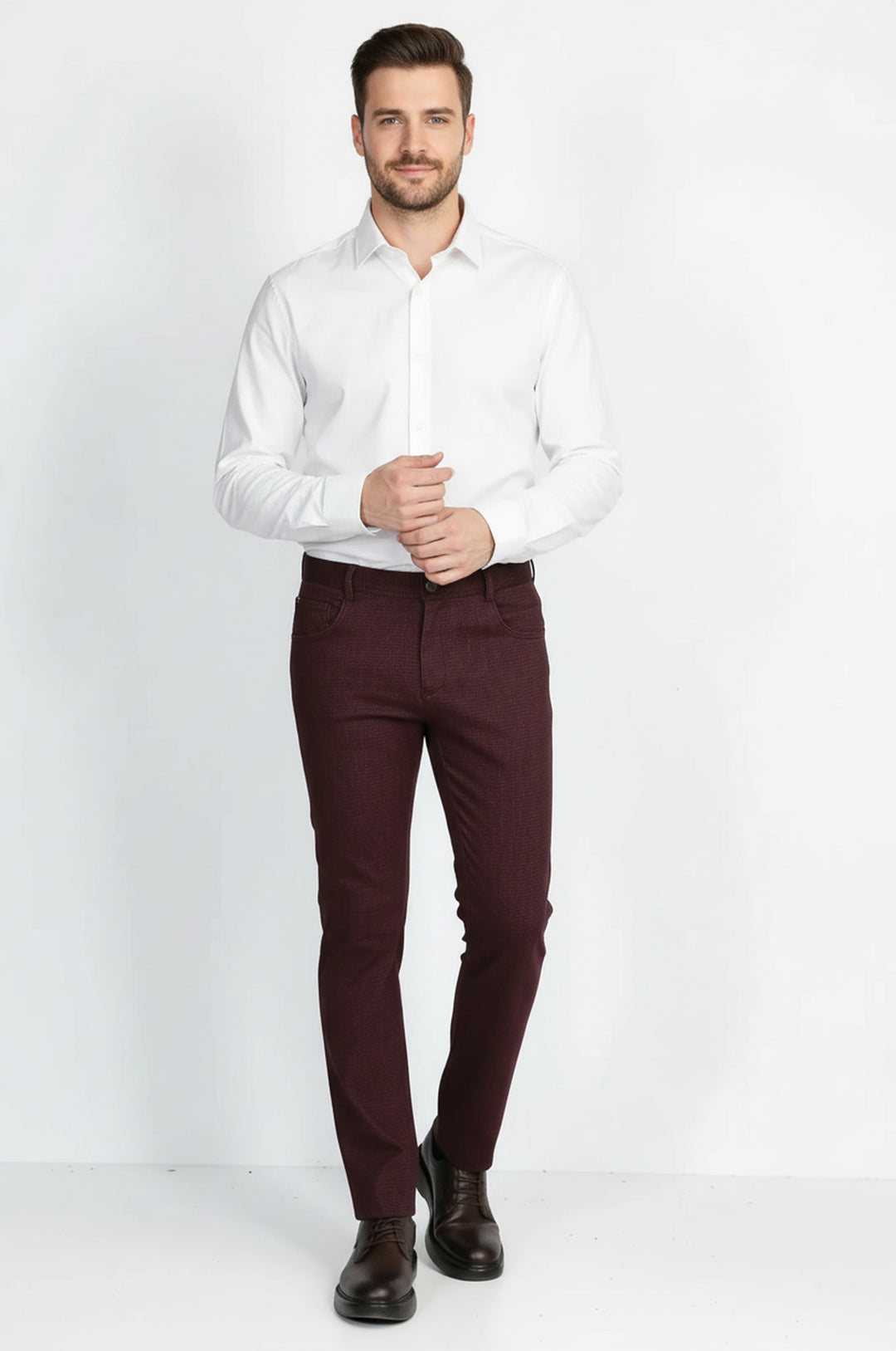 Bordo Slim Fit Mikro Desenli Klasik Kumaş Pantolon - Wessi