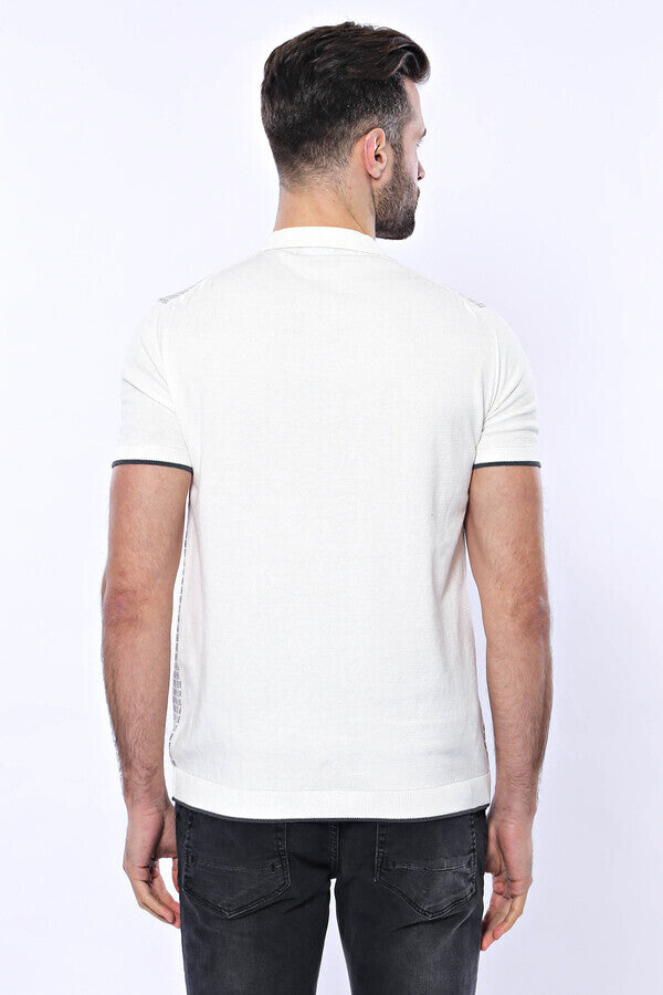 Polo Yaka Açık Gri Desenli Fermuarlı Örme T-shirt - Wessi