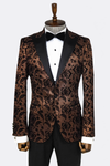 Floral Desenli Sivri Yaka Gold Erkek Smokin Ceket - Wessi