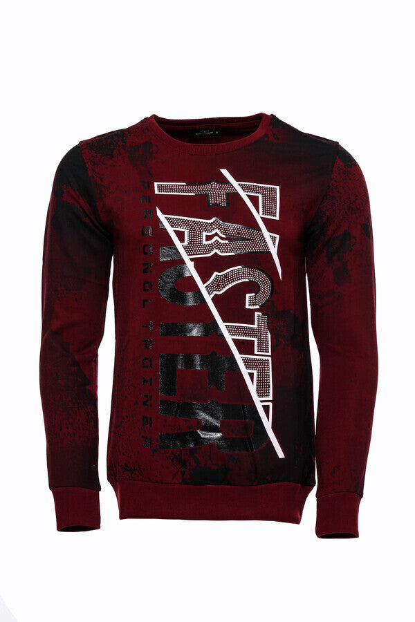 Bordo Taşlı Baskılı Sweatshirt - Wessi