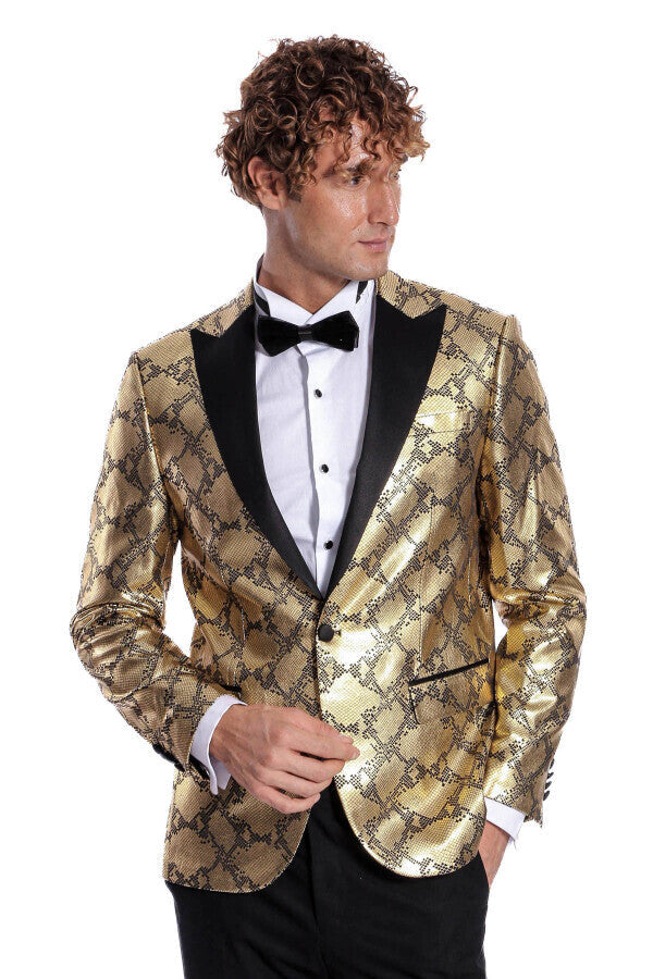 Desenli Slim Fit Gold Erkek Smokin Ceket - Wessi