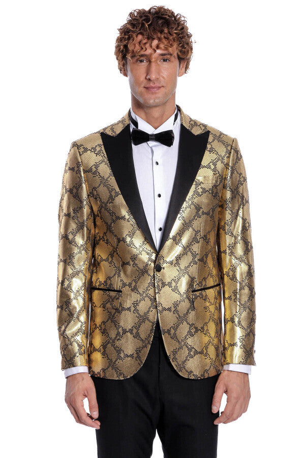 Desenli Slim Fit Gold Erkek Smokin Ceket - Wessi