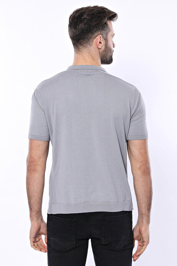 Polo Yaka Düz Gri Örme T-shirt | Wessi