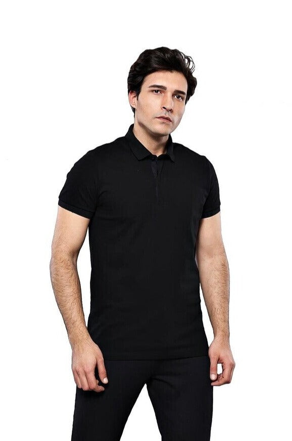 Polo Yaka Düz Siyah T-shirt | Wessi