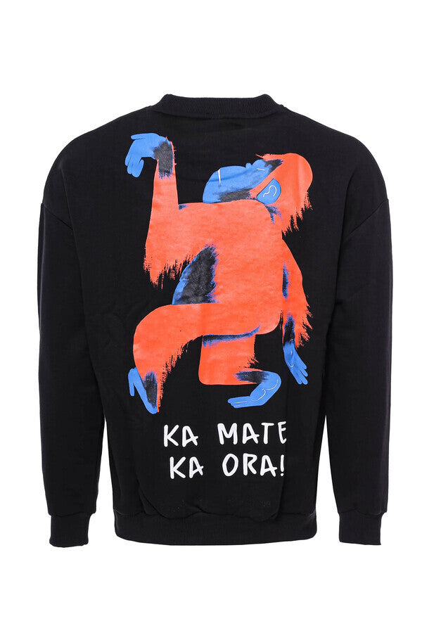 Bisiklet Yaka Baskılı Siyah Erkek Sweatshirt - Wessi