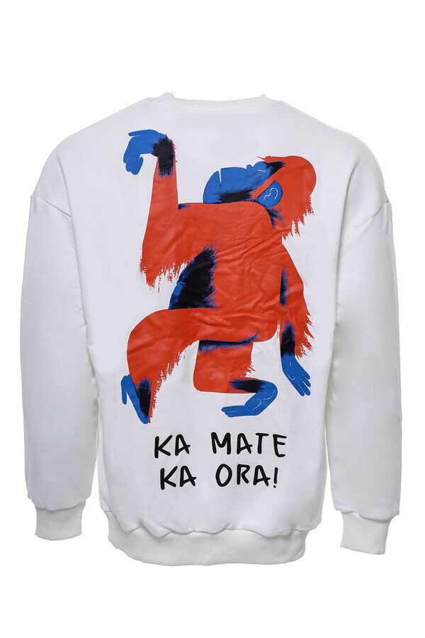 Beyaz Bisiklet Yaka Baskı Detaylı Erkek Sweatshirt - Wessi