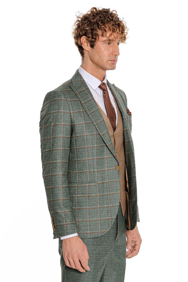 Ekose Ceketli Slim Fit Yeşil Erkek Takım Elbise - Wessi