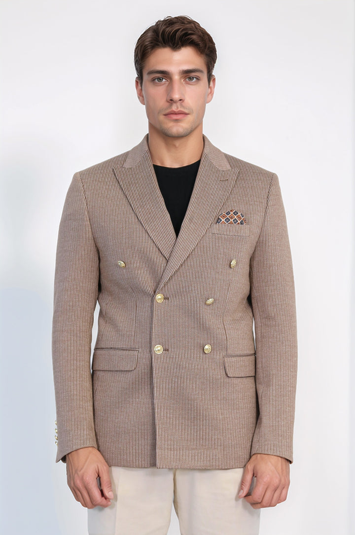 Kum Beji Çizgili Altın Rengi Metal Düğmeli Slim Fit Kruvaze Blazer – Wessi
