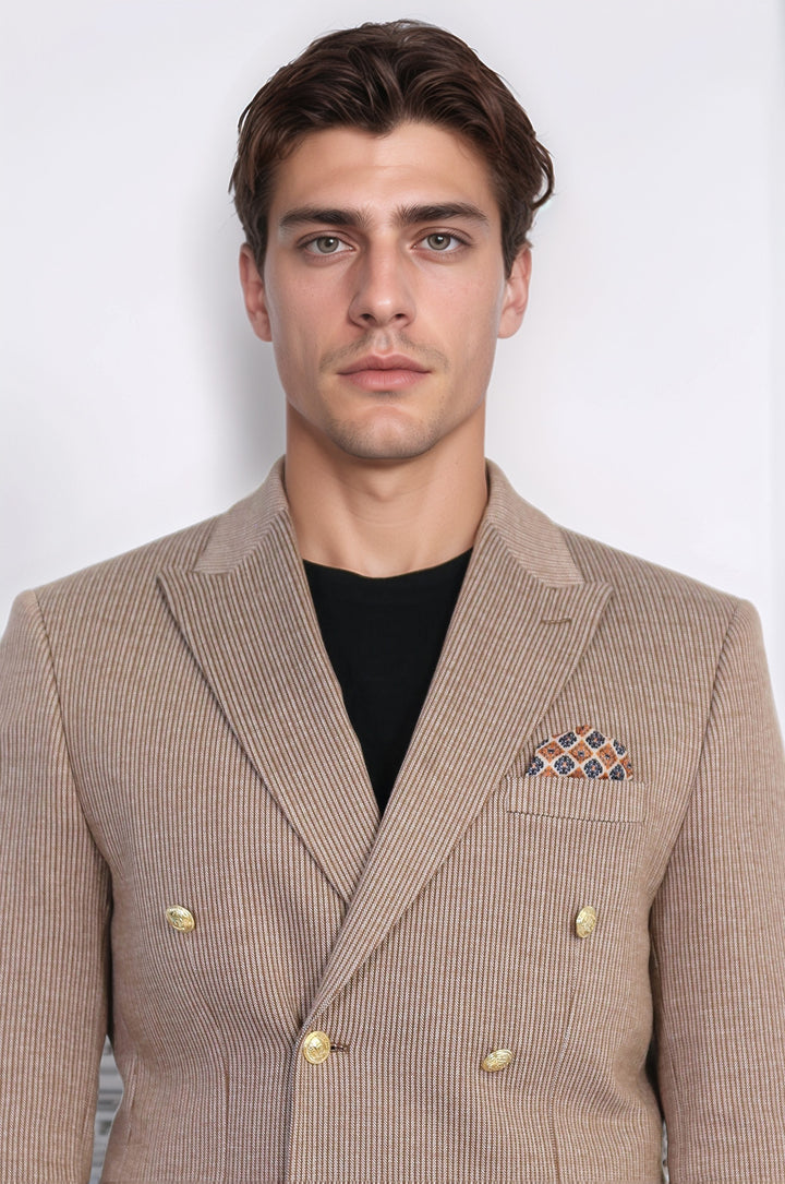 Kum Beji Çizgili Altın Rengi Metal Düğmeli Slim Fit Kruvaze Blazer – Wessi
