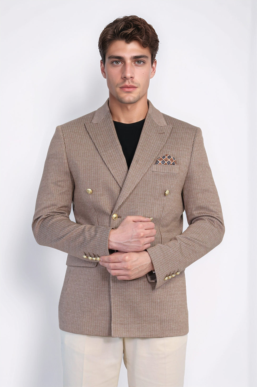Kum Beji Çizgili Altın Rengi Metal Düğmeli Slim Fit Kruvaze Blazer – Wessi