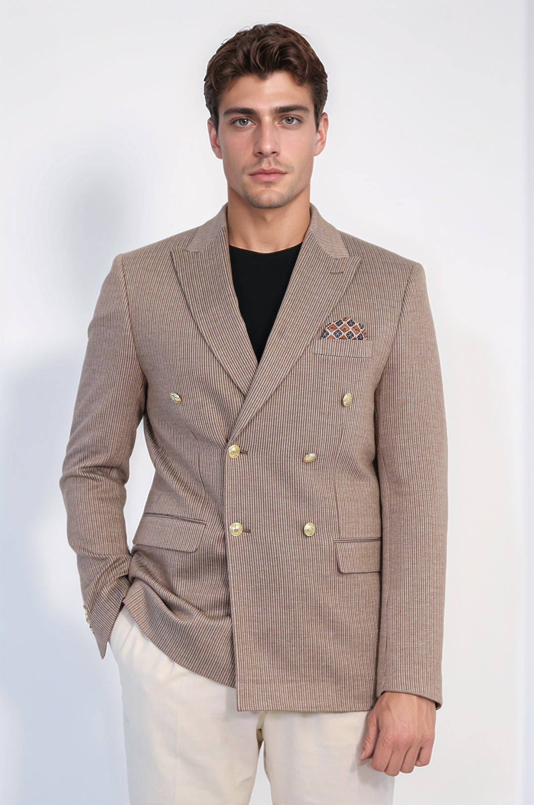 Kum Beji Çizgili Altın Rengi Metal Düğmeli Slim Fit Kruvaze Blazer – Wessi