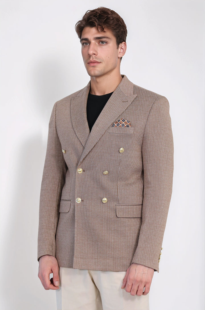 Kum Beji Çizgili Altın Rengi Metal Düğmeli Slim Fit Kruvaze Blazer – Wessi