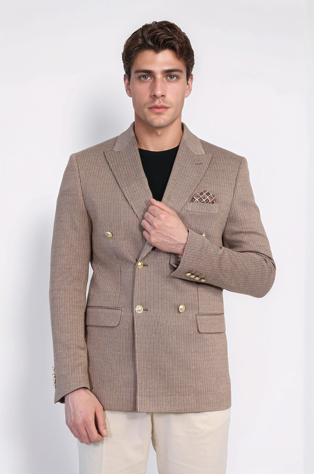 Kum Beji Çizgili Altın Rengi Metal Düğmeli Slim Fit Kruvaze Blazer – Wessi