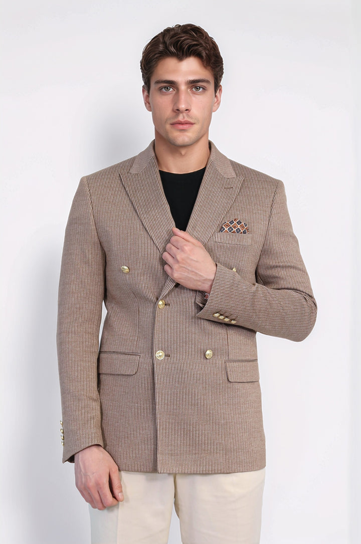 Kum Beji Çizgili Altın Rengi Metal Düğmeli Slim Fit Kruvaze Blazer – Wessi