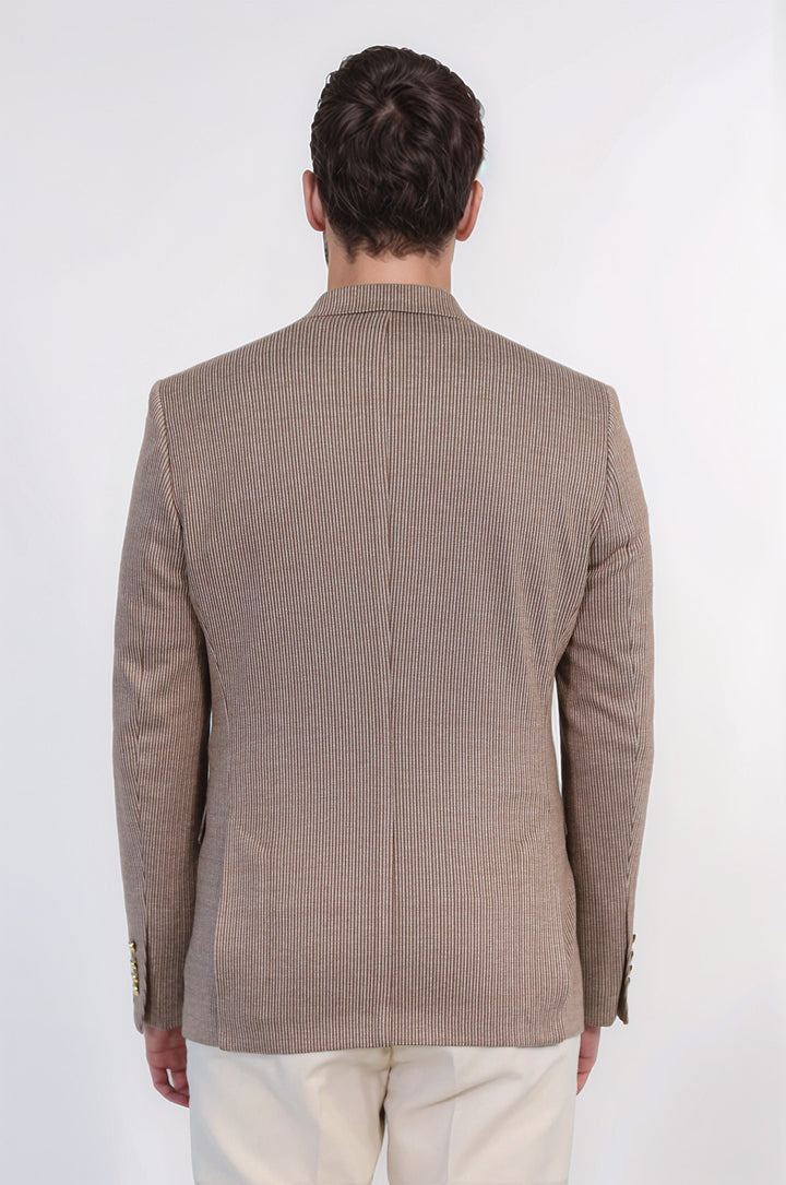 Kum Beji Çizgili Altın Rengi Metal Düğmeli Slim Fit Kruvaze Blazer – Wessi