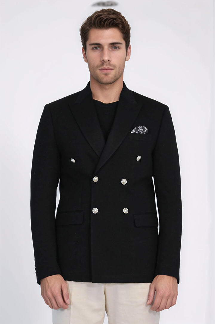 Siyah Düz Kumaş Gümüş Rengi Metal Düğmeli Slim Fit Kruvaze Blazer – Wessi