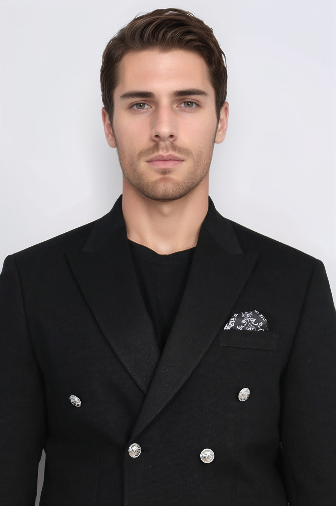 Siyah Düz Kumaş Gümüş Rengi Metal Düğmeli Slim Fit Kruvaze Blazer – Wessi